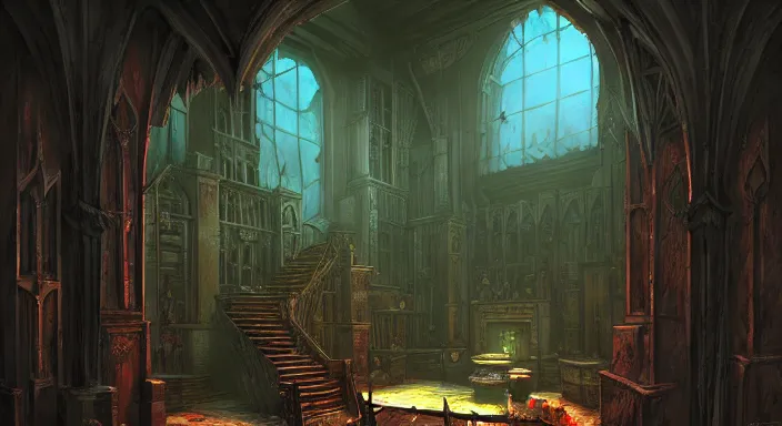 Image similar to dark sinister vampire lair interior by Marc Simonetti, adventure game