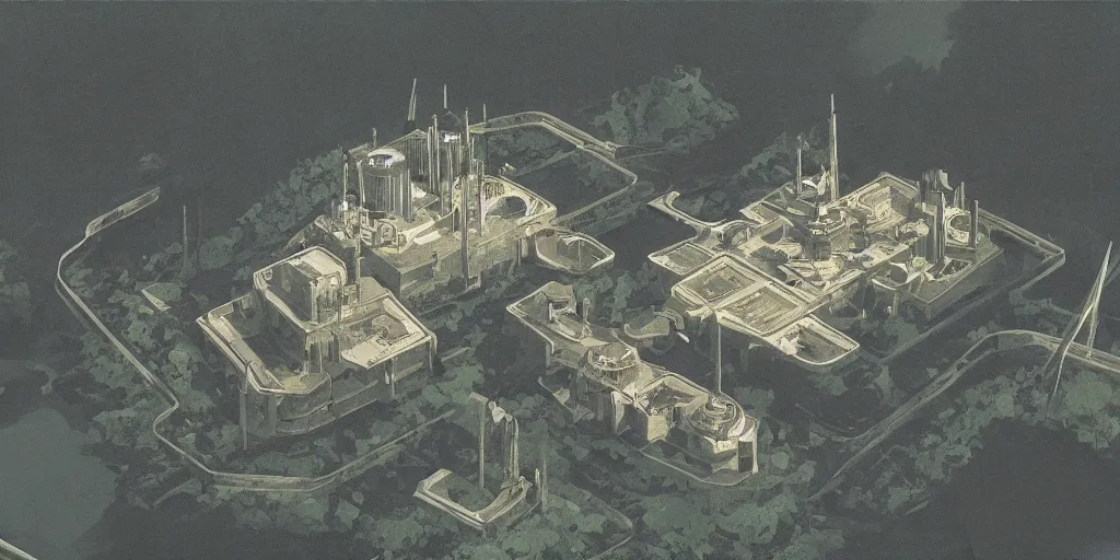 Prompt: overhead view a modernist castle in a lake of crude oil in a forest of antenna syd mead concept art