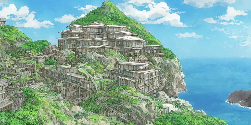 Image similar to A college with buildings designed like Sea Ranch built on a low cliff above the ocean, art by Hayao Miyazaki, art by Studio Ghibli, anime style