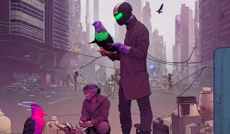 Prompt: cyborg feeding electric pigeons at a dirty crowded streetcorner, cyberpunk, by Josan Gonzalez and Tomer Hanuka and Moebius and Brad Rigney and Greg Rutkowski,highly detailed, bokh, dof