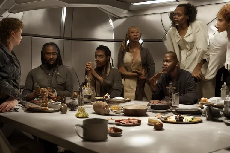 Image similar to movie diverse interracial small team of European sci-fi futuristic space explorers talking at the table in a spaceship kitchen, beautiful skin, Symmetrical faces. Beautiful lighting by Emmanuel Lubezki