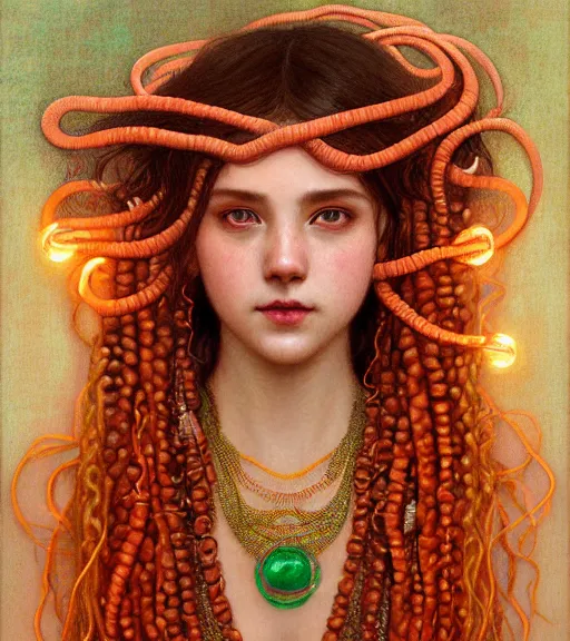 Image similar to portrait of teenage medusa, snake hair, naughty smile, wearing an embroidered orange tunic, intricate, sensual, sultry, elegant, copper and emerald jewelry, glowing lights, seductive, highly detailed, digital painting, artstation, concept art, smooth, sharp focus, illustration, art by wlop, mucha, artgerm, and greg rutkowski