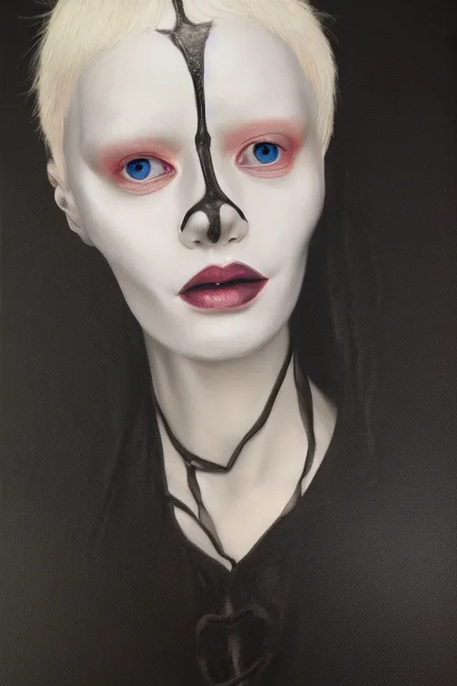 Image similar to hyperrealism oil painting, close - up portrait of albino medieval fashion model, black silk, steel gradient mixed with nebula sky, in style of baroque