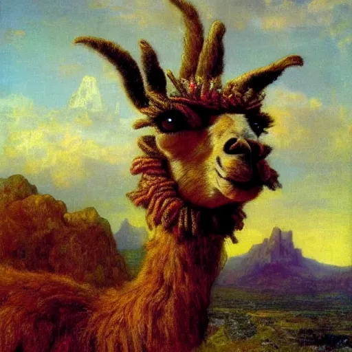 Image similar to detailed baroque portrait of a llama with dreadlocks, realistic creature concept, heroic pose, desert mountain in background, Ilya Repin oil painting, style of Brian Jacques