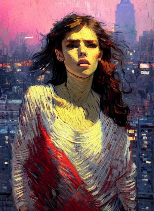 Prompt: portrait of a beautiful girl, new york backdrop, sad, sunset shades, beautiful face, rule of thirds, intricate outfit, spotlight, by greg rutkowski, by jeremy mann, by francoise nielly, by van gogh, digital painting