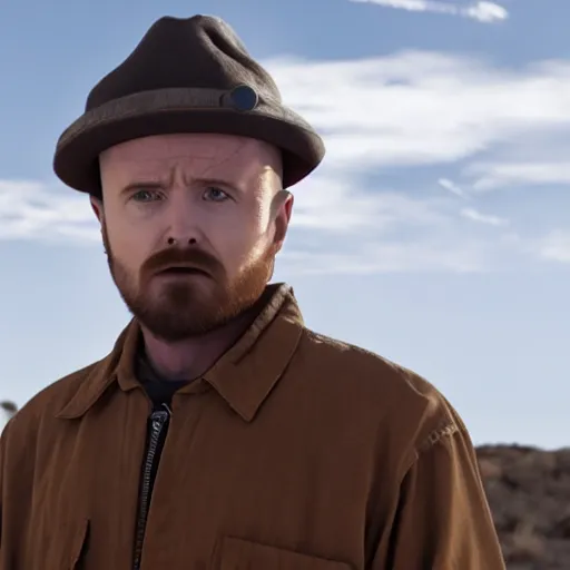 Image similar to Live Action Still of Aaron Paul dressed as Walter White, real life, hyperrealistic, ultra realistic, realistic, highly detailed, epic, HD quality, 8k resolution, body and headshot, film still