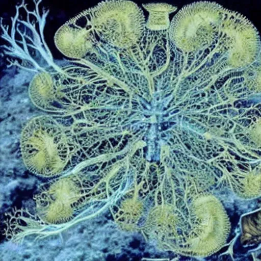 Prompt: an anatomy chart that labels the parts of a new kind of cnidarian that has mysterious organs was recently discovered by scientists in the deep sea