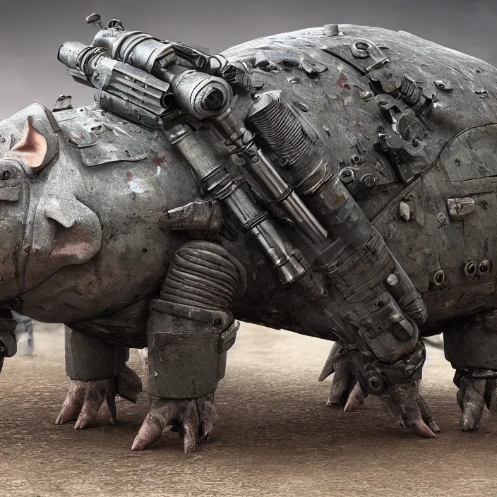 Prompt: armored pig with bazooka, photorealism by h. r. giger, tim burton, full colour spectrum, iridescent specular highlights, supersampled, 8 k, beautify