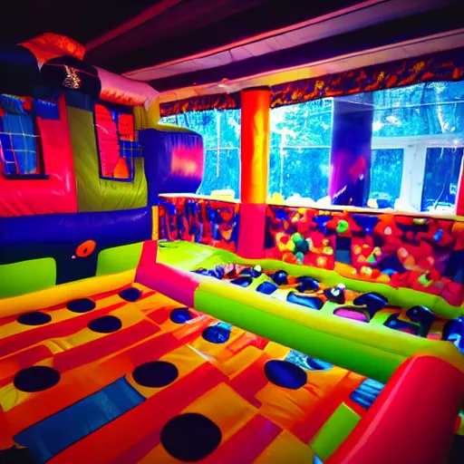 Image similar to a darkly lit indoor children's bounce house photo taken with a deposable camera limital space