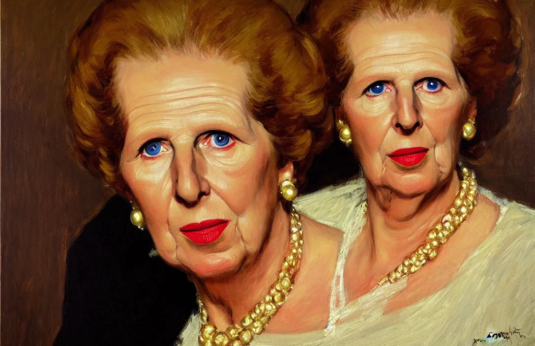 Prompt: portrait of margaret thatcher!!!!!!!!!!!!!!!!!!!!!!!!!!!, detailed face, detailed painting, detailed no. 1 0 downing street, epic lighting, by ilya repin and phil hale