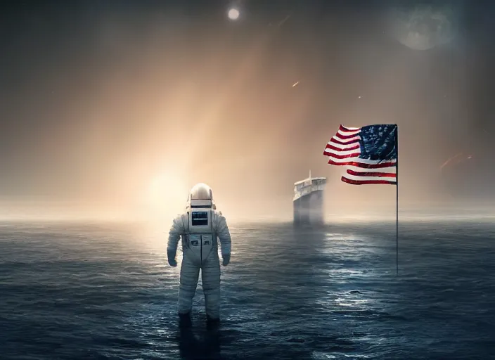 Image similar to astronaut holding a flag in an underwater desert. a submarine is visible in the distance. dark, concept art, cinematic, dramatic, atmospheric, 8 k, trending on artstation, blue, fish, low visibility, fog, ocean floor, christopher nolan, interstellar