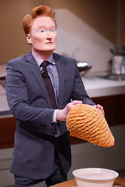 Image similar to 📷 conan o'brien the ice - cream cone 🍦, made of food, still image, dynamic lighting, 4 k