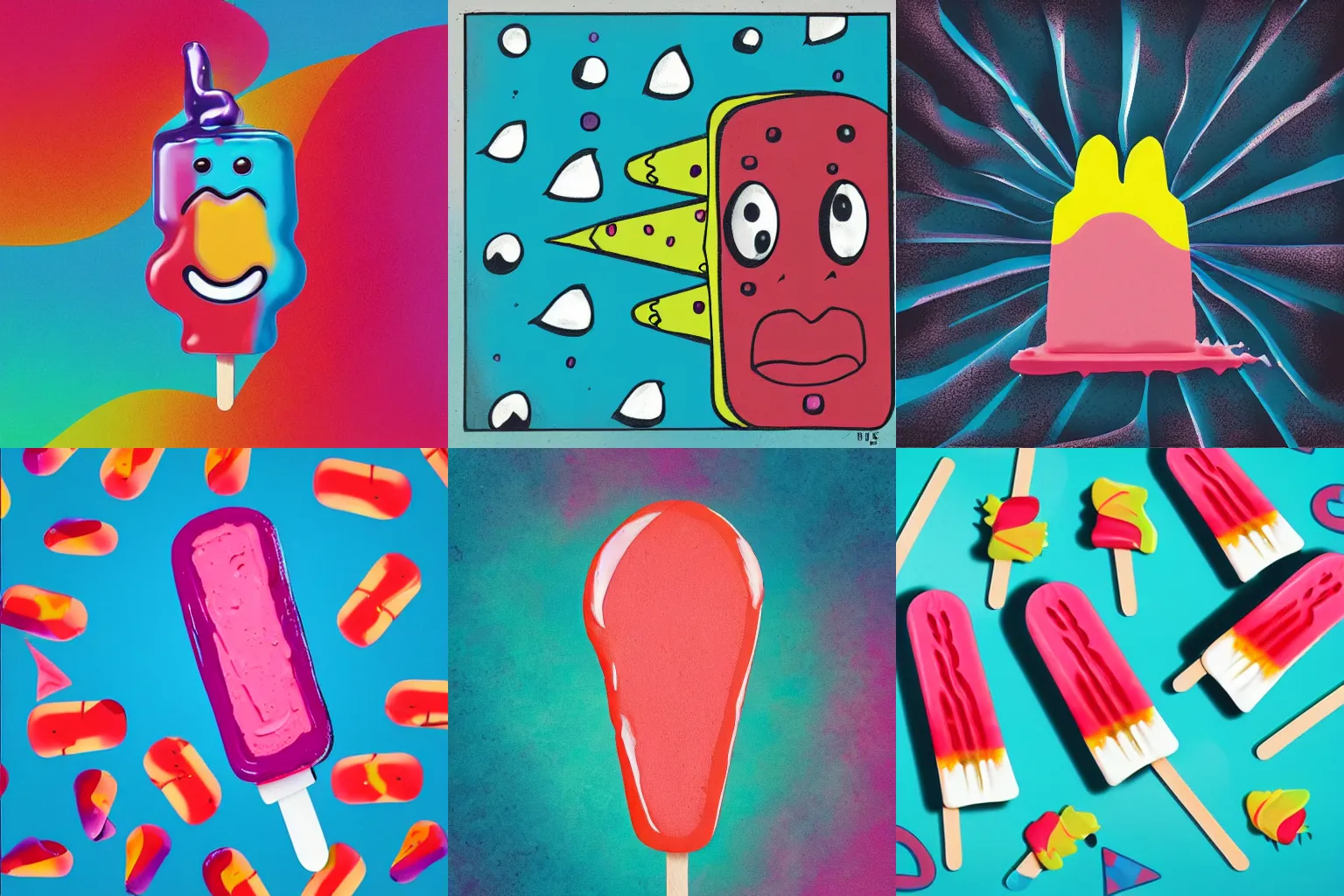 Prompt: cartoon popsicle melting, album cover art