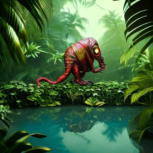 Image similar to creature in a lush tropical vegetation, water reflection, night, backlit : : by michal karcz, daniel merriam, victo ngai and guillermo del toro : : ornate, dynamic, particulate, intricate, elegant, highly detailed, centered, artstation, smooth, sharp focus, octane render, 3 d