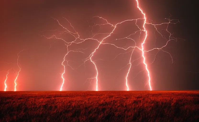 Image similar to red lightning bolts shoot from the ground, dark night, field, fire is visible on the horizon, high contrast, unsettling photo