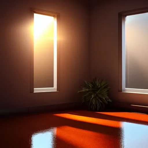 Image similar to rays of the sun shining through the window. very beautiful, warm shiny colors, octane render