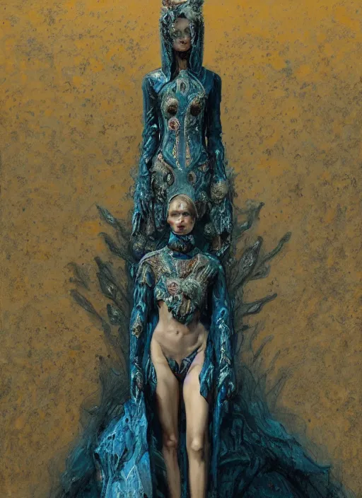 Image similar to Girl at a fashion show in hell, model a magnificent McQueen couture bright clothes, fashion style, horror, fire, lava, intricate, elegant, highly detailed, artstation, concept art, smooth, sharp focus, illustration, art by and greg rutkowski and orientalism and bouguereau and Zdzislaw Beksinski