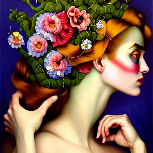 Image similar to dynamic composition, a painting of woman with hair of ( summer flowers )!! and vines wearing ornate earrings, ornate gilded details, a surrealist painting by tom bagshaw and jacek yerga and tamara de lempicka and jesse king, featured on cgsociety, pop surrealism, surrealist, dramatic lighting, wiccan, pre - raphaelite