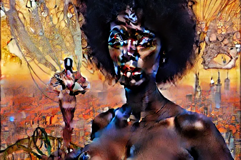 Image similar to realistic extremely detailed portrait painting of a beautiful black woman, city street on background by Jean Delville, Amano, Yves Tanguy, Ilya Repin, Alphonse Mucha, Ernst Haeckel, James C. Christensen, Edward Robert Hughes, Roger Dean, rich moody colours