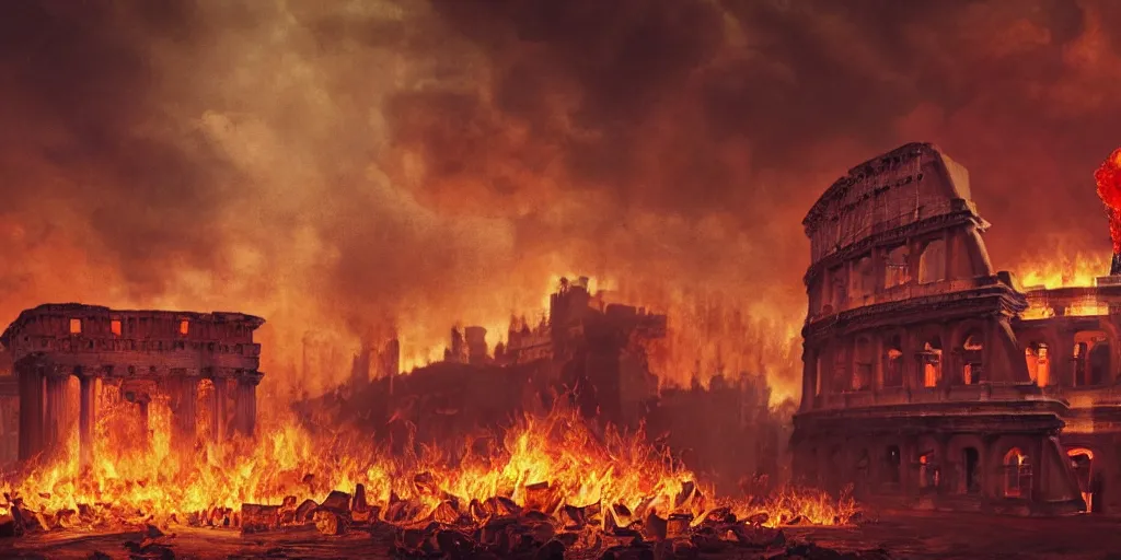 Image similar to Painting of Emperor Nero watching the great fire of rome, abstract, realism, 8k, detailed, terror, octane render, 3d render, complex emotion, glow