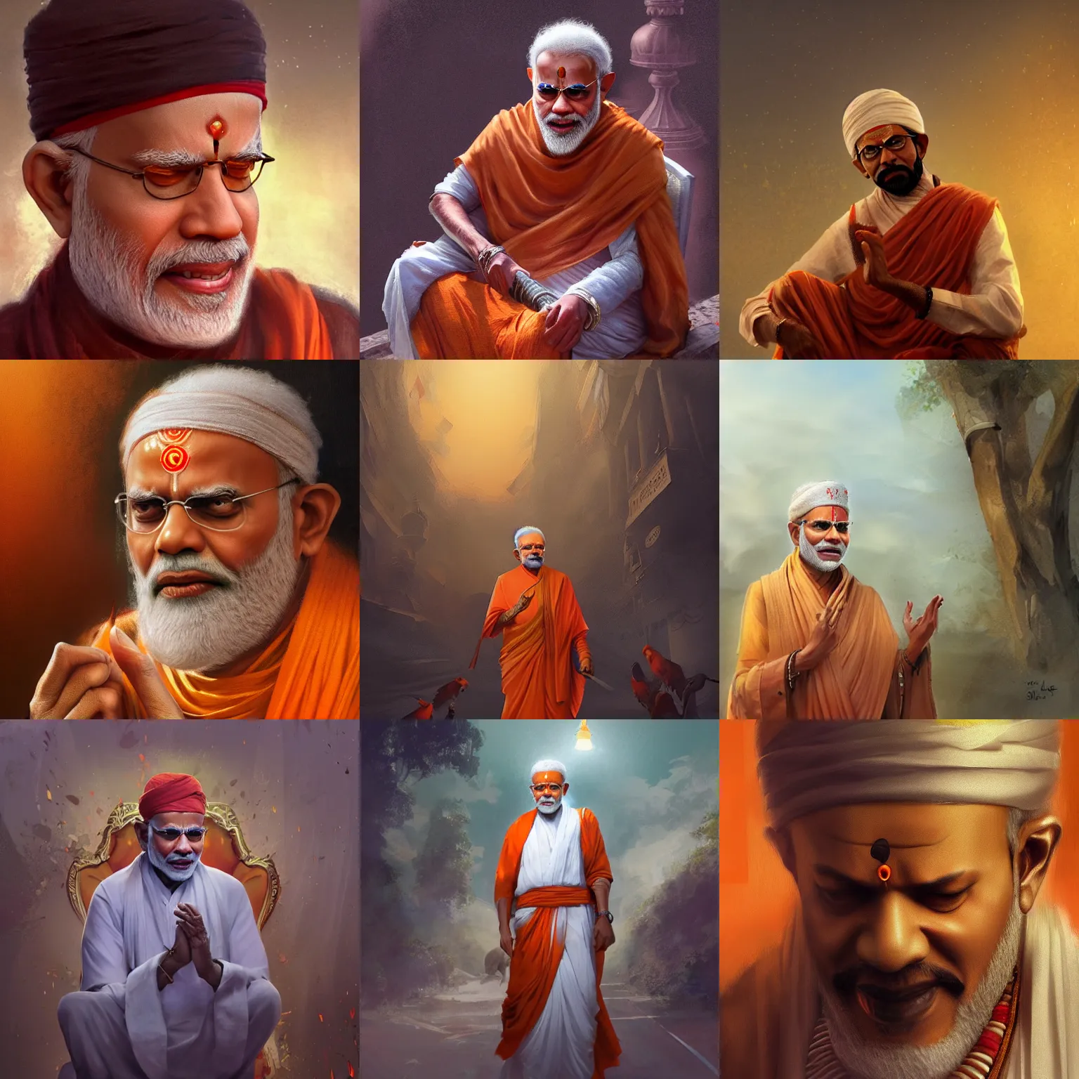 Prompt: Narendra Modi as Shirdi Sai Baba, masterpiece, by Greg Rutkowski, concept art, sharp, HD, detailed, cinematic, best lighting, 8K,