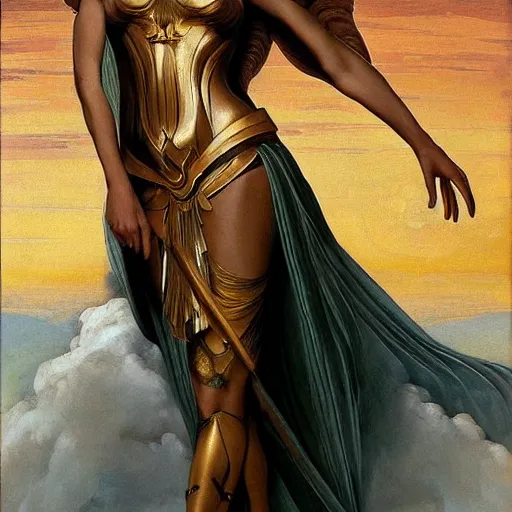 Image similar to Full body oil painting of the beautiful goddess Gal Gadot as Atenea, she is wearing roman clothes and a surreal jewelry, her hair is natural disheveled, she is approaching heaven over the clouds, naturalism, dramatic lighting, high-detailed oil painting by Ilya Repin, Michelangelo da Caravaggio, William Blake, Alex Grey and Beksinski, trending on Artsation, hystorical painting, naturalism, masterpiece, 4k, 8k,