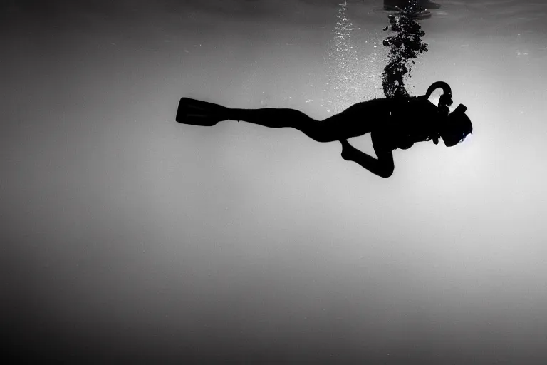 Image similar to a ominous diver swimming underwater, photo-realistic, dark, smog, creepy, vast, shot by a camera,