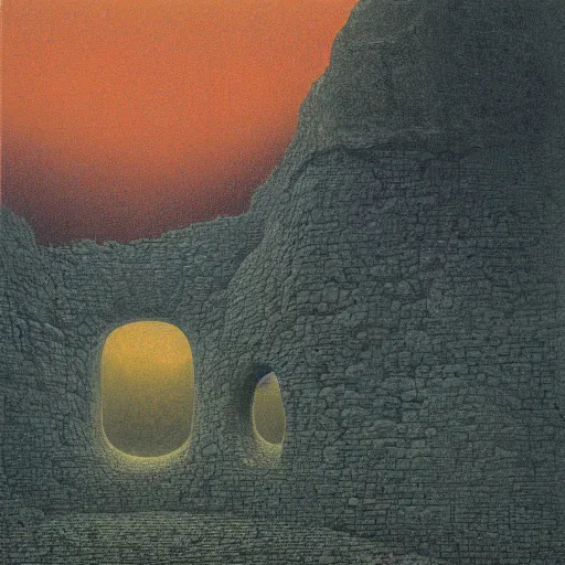 Prompt: a person trapped in a gigantic stone maze, yellow sky, by Beksinski