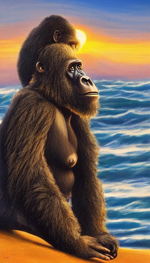 Prompt: Romanticism painting of a fuzzy gorilla on the beach, golden hour, dramatic lighting, volumetric lighting, intricately detailed, canvas print