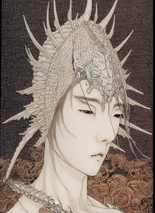 Image similar to prompt: Fragile looking vessel portrait soft light drawn by Takato Yamamoto, inspired by Fables, ancient dragon knight armor, magical and alchemical objects on the side, soft light, white background, intricate detail, intricate oil painting detail, sharp high detail, manga and anime 2000