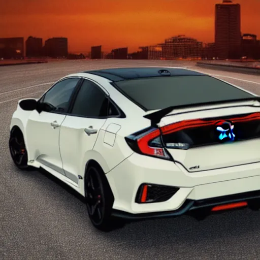 Image similar to incredible digital painting of a honda civic, black, mk 1 0 license plate, stealth, night mode, spoiler, lights, custom exhaust, wing mirrors, carbon fibre, valance splitter, sports, wheel spacers, japanese, power, sleek, electric, petrol, high detail, 8 k resolution