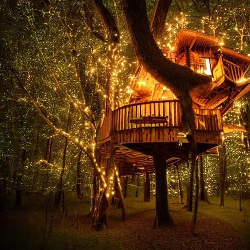 Image similar to a professional photograph of a treehouse in a forest covered in fairy lights, HD, high quality, highly detailed, award-winning