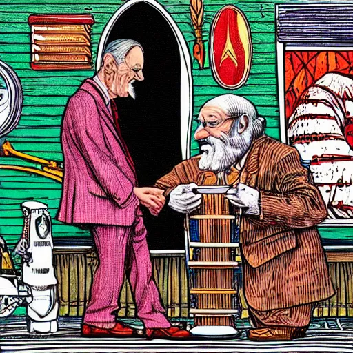 Image similar to !dream The Artwork of R. Crumb and his Cheap Suit Pope and Bishop, pencil and colored marker artwork, trailer-trash lifestyle