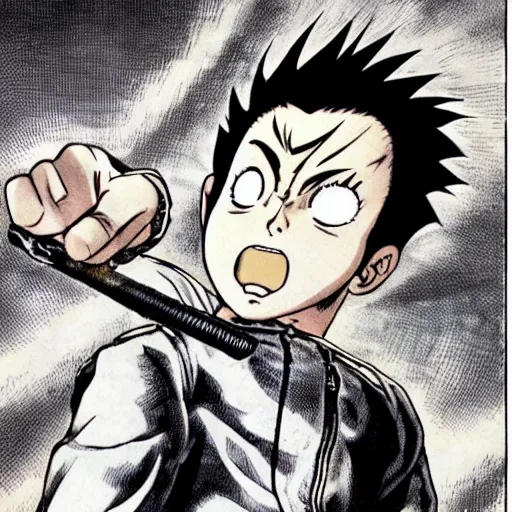 Image similar to young boy angry with pompadour hair, art by katsuhiro otomo, tetsuo hara, yusuke murata, jotaro kujo, japanese delinquent, similar to metal bat from one punch man, kuwabara hairstyle, akira kongou, banchou, action pose, manga cover