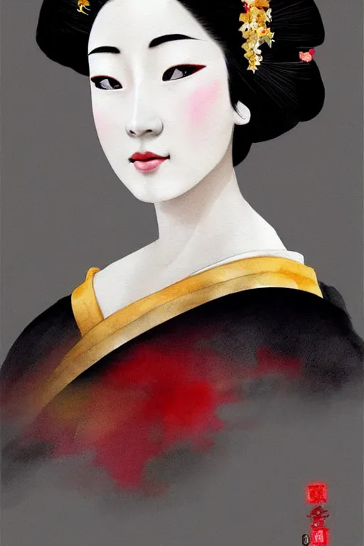 Image similar to beauty geisha, digital art, 8k, character, realistic, portrait, photorealism, japan watercolour, masterpiece art