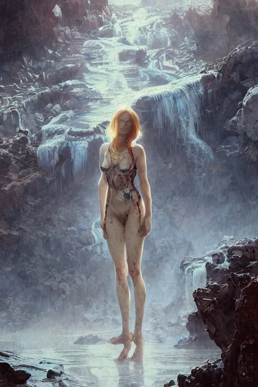 Image similar to a full body portrait of a beautiful post apocalyptic offworld neoicelandic biofarmer swimming by the waterfalls, intricate, elegant, highly detailed, digital painting, artstation, concept art, smooth, sharp focus, illustration, art by krenz cushart and artem demura and alphonse mucha