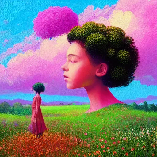 Image similar to girl with flower afro, standing in a field with flowers, surreal photography, hills, big trees, sunrise dramatic light, impressionist painting, colorful clouds, digital painting, pointillism, artstation, simon stalenhag