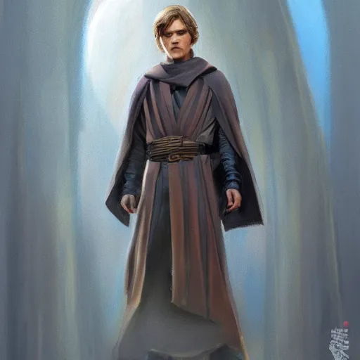 Image similar to anakin at the steps of the jedi temple, oil paint, concept art, art station, highly detailed, nighttime