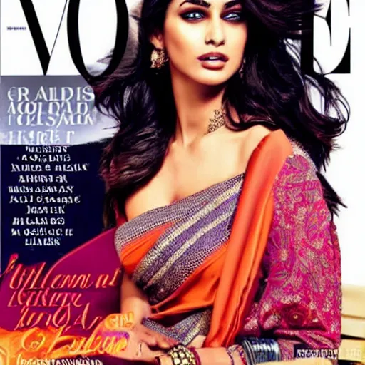 Prompt: a hot girl in a saree Vogue magazine cover photo