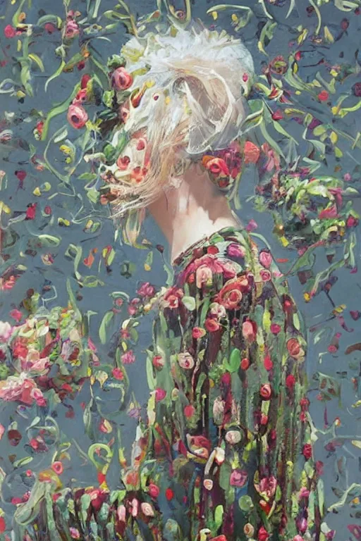 Prompt: hyperrealism with oil painting, 2 0 y. o girl in vintage, style wrapped in flowers and wired in the style of yayoi kusama, by barry lyndon ultra detailed high resolution, 8 0 s print sci fi art