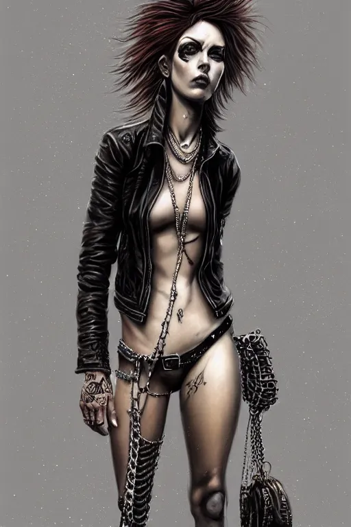 Image similar to fullbody potrait of punk rocker woman in street, woman is wearing chains, hyper realistic, intricate, elegant, highly detailed, digital painting, artstation, concept art, matte, sharp focus art by boris vallejo and greg rutkowski, smooth, sharp focus, illustration