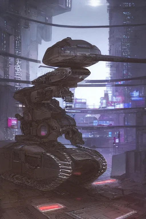 Image similar to comic book illustration, an android soldier sits on the turret of a futuristic tank, cyberpunk concept art by Moebius, highly detailed, intricate, sci-fi, sharp focus, Trending on Artstation HQ, deviantart