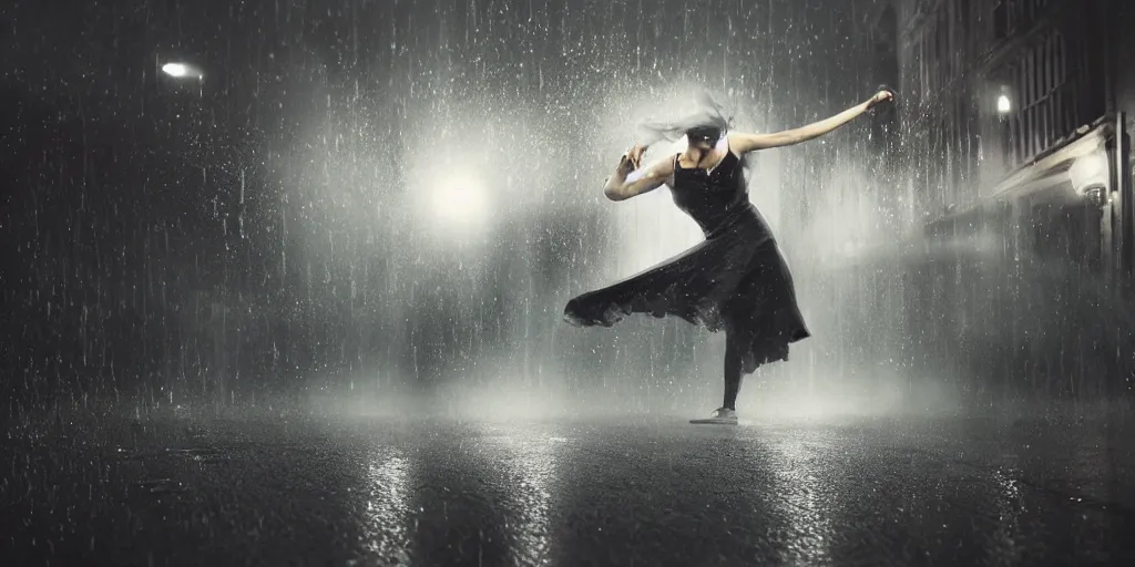 Image similar to slow motion with trail effect of futuristic break dancer wearing floating long dress, long exposure shot , at night in the middle of a rainy street, paddle of water, steam, fog, water splashes, rim lights, glossy reflections, water droplets on lens, octane render, dark and dramatic, explosion in the background, detailed and soft, fisheye