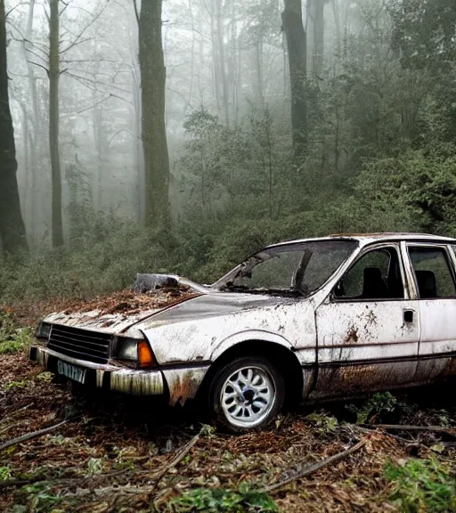 Image similar to crashed 1980s ford cortina, abandoned in a forest, fog, rural, damage, nature