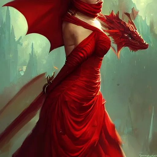 Image similar to a woman in red, she wears a golden mask os dragon, epic fantasy digital art, fantasy style art, by Greg Rutkowski, fantasy hearthstone card art style