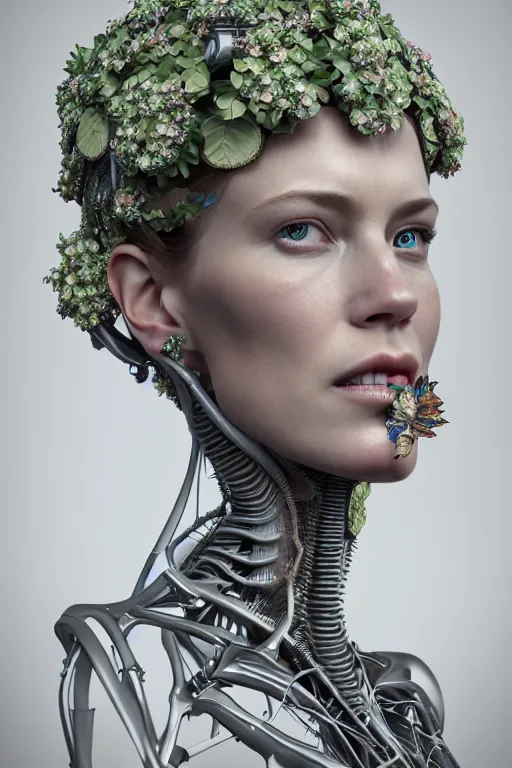 Prompt: complex 3 d render, hyper detailed ultrasharp biomechanical female cyborg portrait with a beautiful porcelain profile face, elegant crown with big hydrangea foliage leaves stems roots, alexander mcqueen haute couture, art nouveau fashion, 8 k