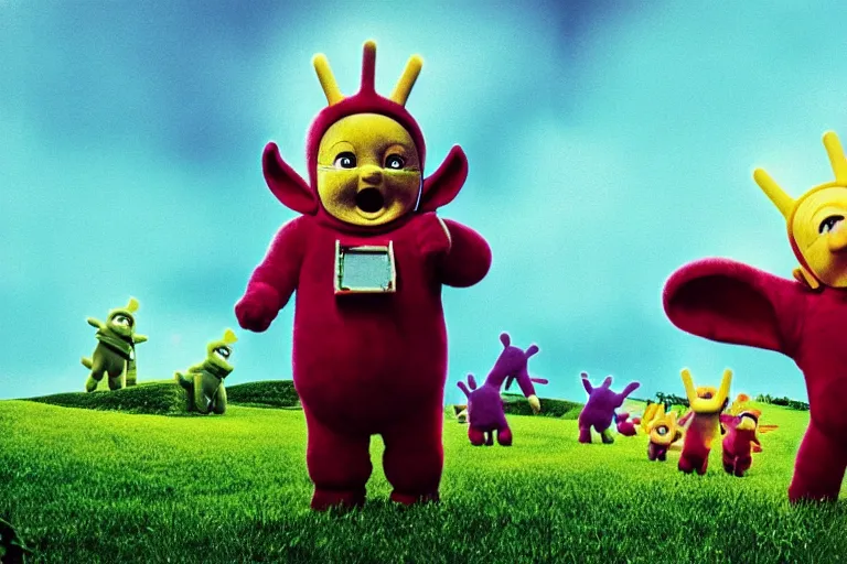 Image similar to teletubbies horro movie, saw teeth, red eyes, macabre, grotesque, greg rutkoswki, artwork, masterpiece