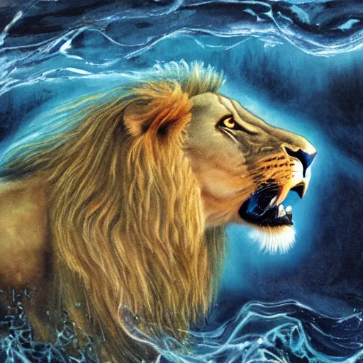 Prompt: a male lion's face breaching through a wall of water, water sprites, splashing, deep blue water color, highly detailed