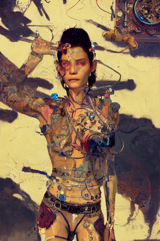 Image similar to an epic non - binary model, subject wearing a belt made out of computer mice, flowing, ornate, beautiful, intricate, muted tonal colors, with few ultramarine highlights, by jeremy mann and ilya kuvshinov, jamie hewlett, 8 0 mm lens, trending on artstation, oil on canvas