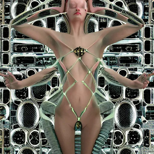 Prompt: give me a higher love, piles of modular synth cables, goddess swimming up wearing a headpiece made of circuit boards, by cameron gray, wlop, stanley kubrick, masamune, hideki anno, jamie hewlett, unique perspective, trending on artstation, 3 d render, vivid